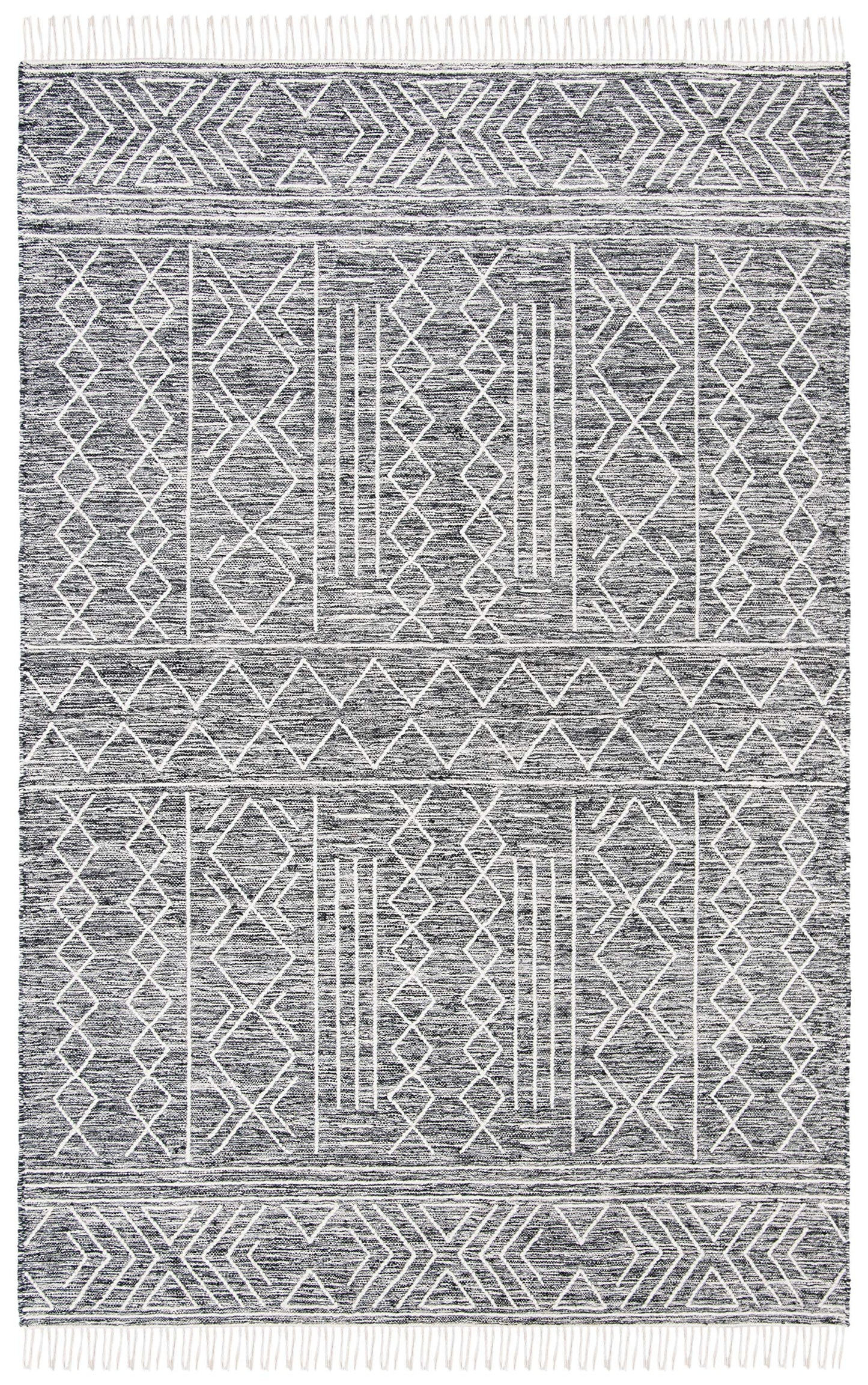 SAFAVIEH Kilim Collection Area Rug - 5' x 8', Black & Ivory, Handmade Moroccan Fringe Wool, Ideal for High Traffic Areas in Living Room, Bedroom (KLM521A)