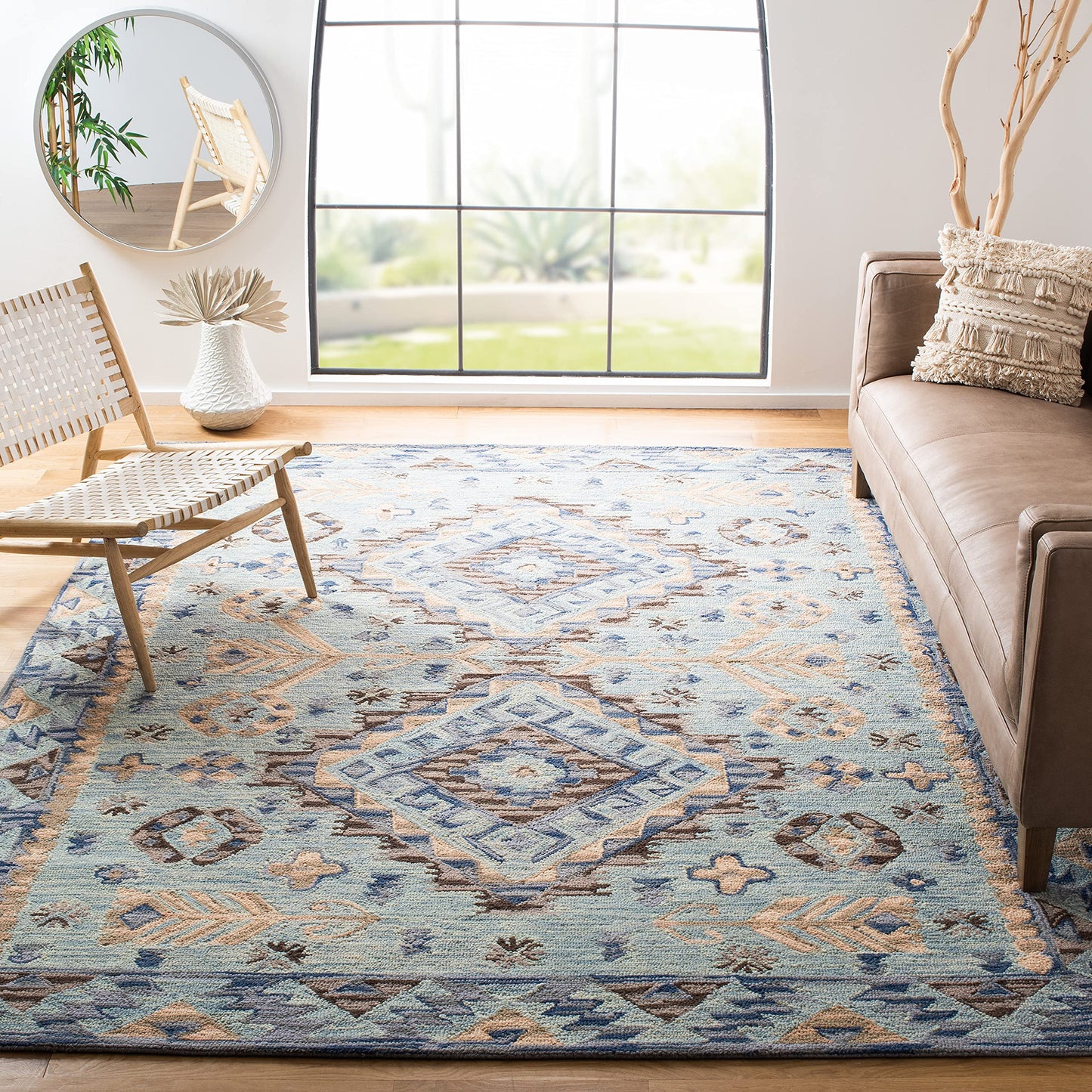 SAFAVIEH Aspen Collection Area Rug - 9' x 12', Blue & Beige, Handmade Boho Wool, Ideal for High Traffic Areas in Living Room, Bedroom (APN504A)