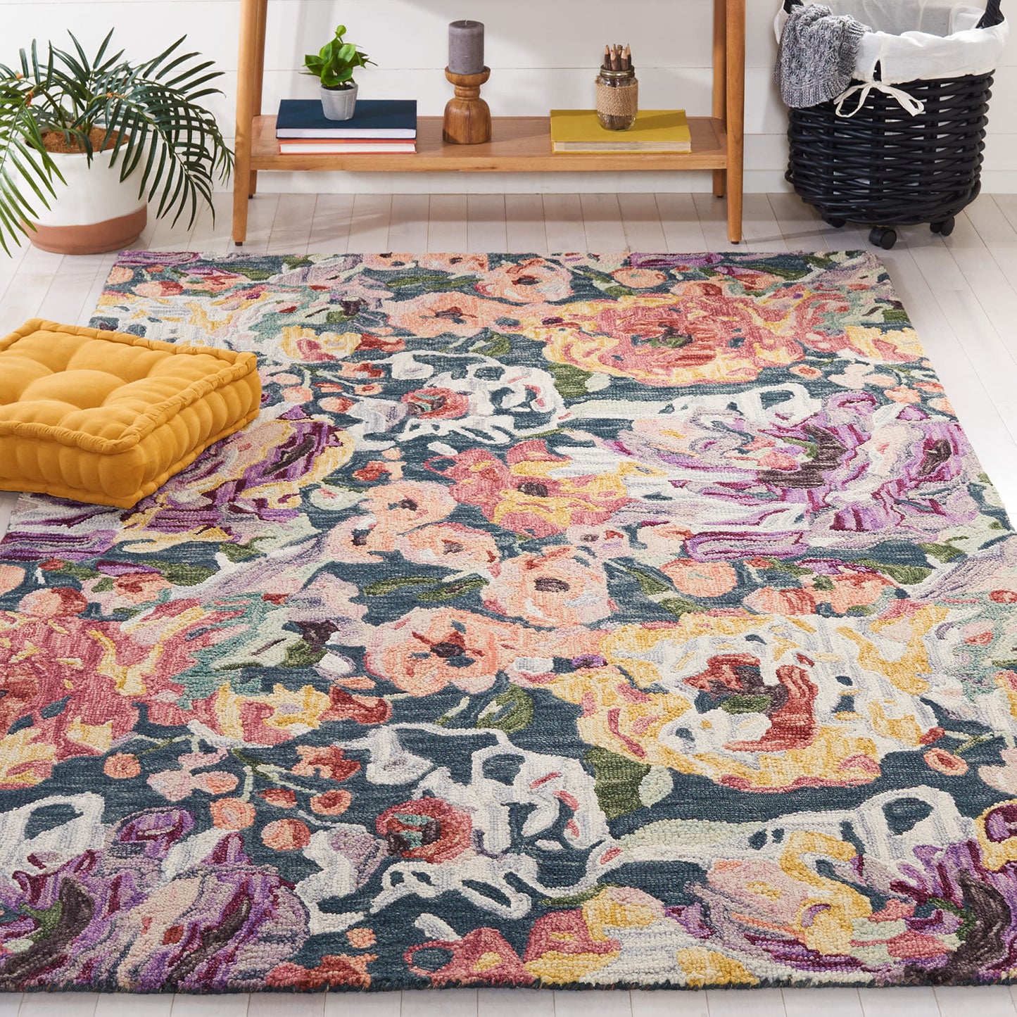 SAFAVIEH Blossom Collection Accent Rug - 3' x 5', Blue & Purple, Handmade French Country Floral Wool, Ideal for High Traffic Areas in Entryway, Living Room, Bedroom (BLM463M)