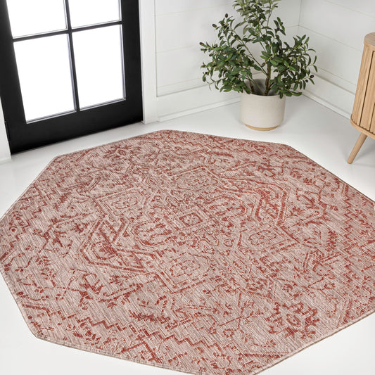 JONATHAN Y Boho Medallion Indoor Outdoor Octagon Area Rug 5 Ft Red/Taupe, Estrella Textured Weave for Backyard, Patio, Porch, Easy-Cleaning, High Traffic, Pet-Friendly, Non-Shedding (SMB105A-5TGN)