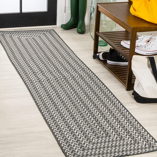 JONATHAN Y Concentric Squares Indoor Outdoor Runner Rug 2X8 Black/Light Gray, Chevron Modern for Backyard, Patio, Porch, Easy-Cleaning, High Traffic, Pet-Friendly, Non-Shedding (SMB206B-28)