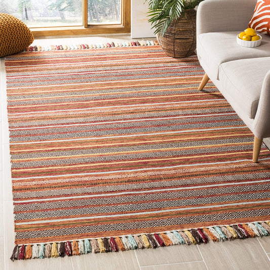 SAFAVIEH Montauk Collection Accent Rug - 3' x 5', Rust & Multi, Handmade Boho Stripe Fringe Cotton, Ideal for High Traffic Areas in Entryway, Living Room, Bedroom (MTK901D)