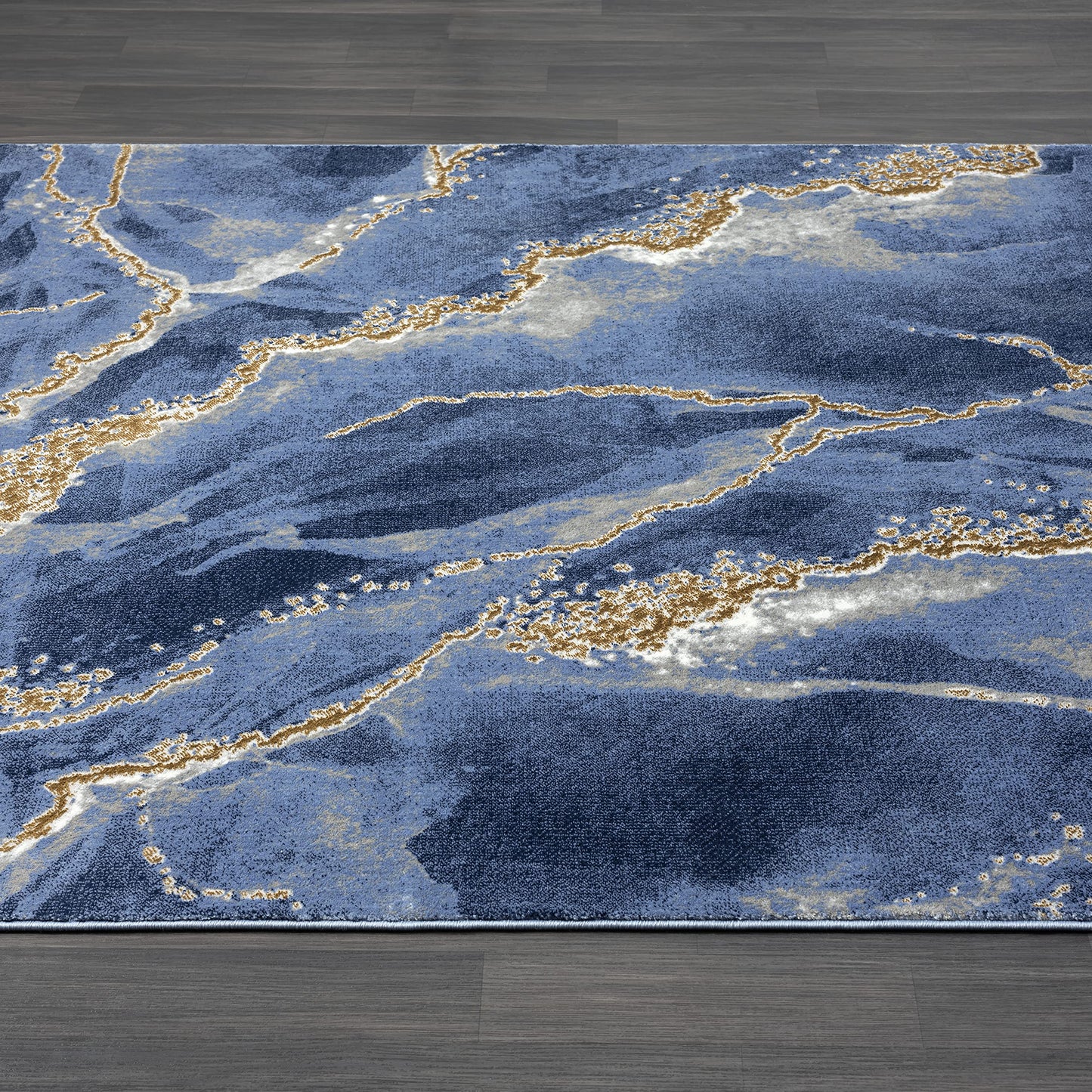 Abani Contemporary Blue & Metallic Gold 4' x 6' Area Rug, Non-Shed Modern Rugs Marble Print Dining Room Rug