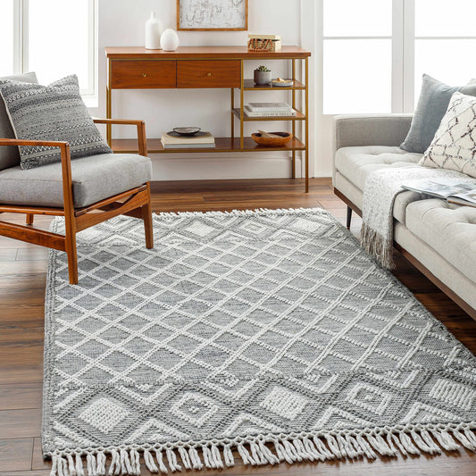 Hauteloom Jaya Recycled Material Area Rug - Geometric Diamond Trellis Lattice Border - Bohemian Transitional Boho Moroccan Tribal - Slate Blue, Charcoal, Off - White, Gray, White - 27" x 45"
