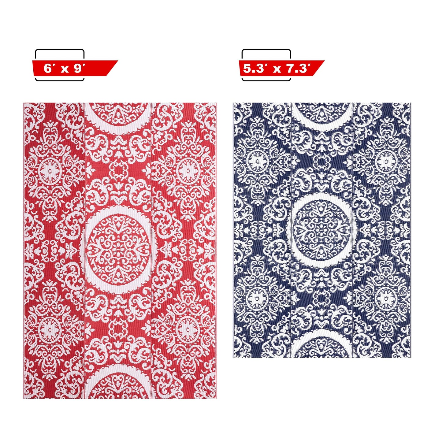 NUU GARDEN Outdoor Rug, Plastic Straw Foldable Area Rug Indoor Outdoor Carpet for Patio Decor Balcony Camping Picnic RV, 6 ft x 9 ft, Red and White