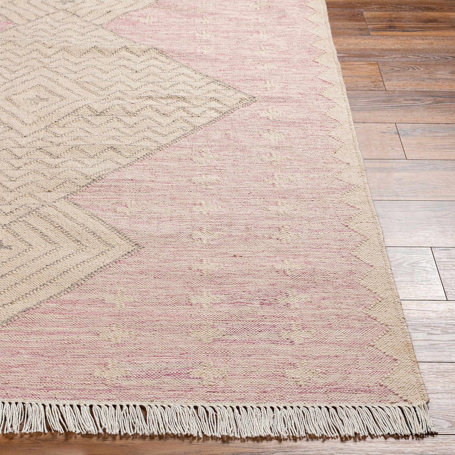 Hauteloom Sang Recycled Material Area Rug - Geometric Diamond Chevron Medallion Border - Bohemian Transitional Boho Tribal Moroccan - Dusty Pink, Dark Pink, Tan, Pink, Cream - 2' x 3'