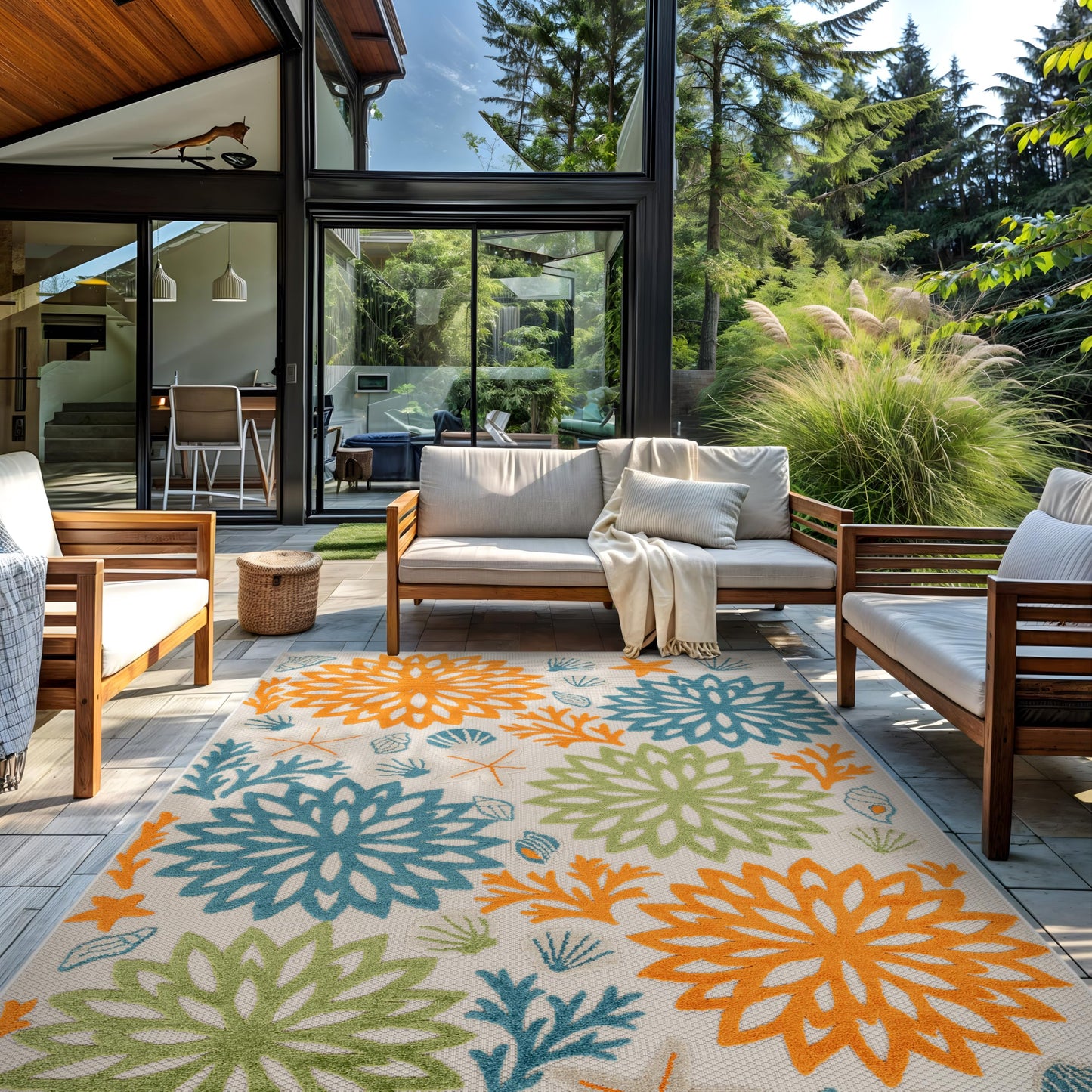 Rugshop Indoor/Outdoor High-Low Textured Area Rug, Coastal Floral, Easy-Clean Patio Rug for Porch Deck Balcony 7' 10" x 10' Multi