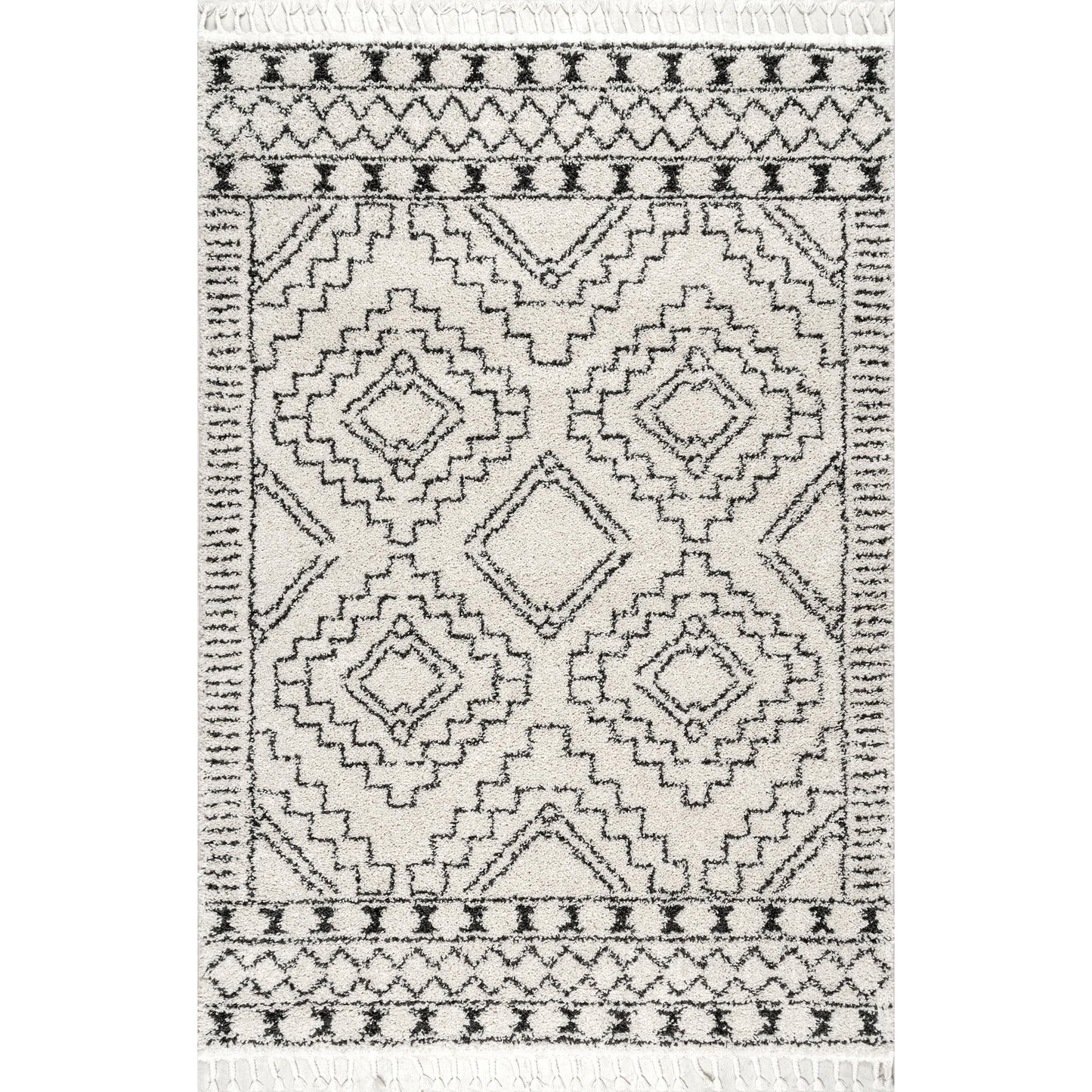 Nuloom Vasiliki Off-White/Charcoal, 7'10" x 10', Moroccan Shag, Tassel, Soft and Plush, High Traffic, Stain Resistant, Easy Clean, Durable Area Rug for Bedroom, Living Room, Dining Space, Den, Foyer
