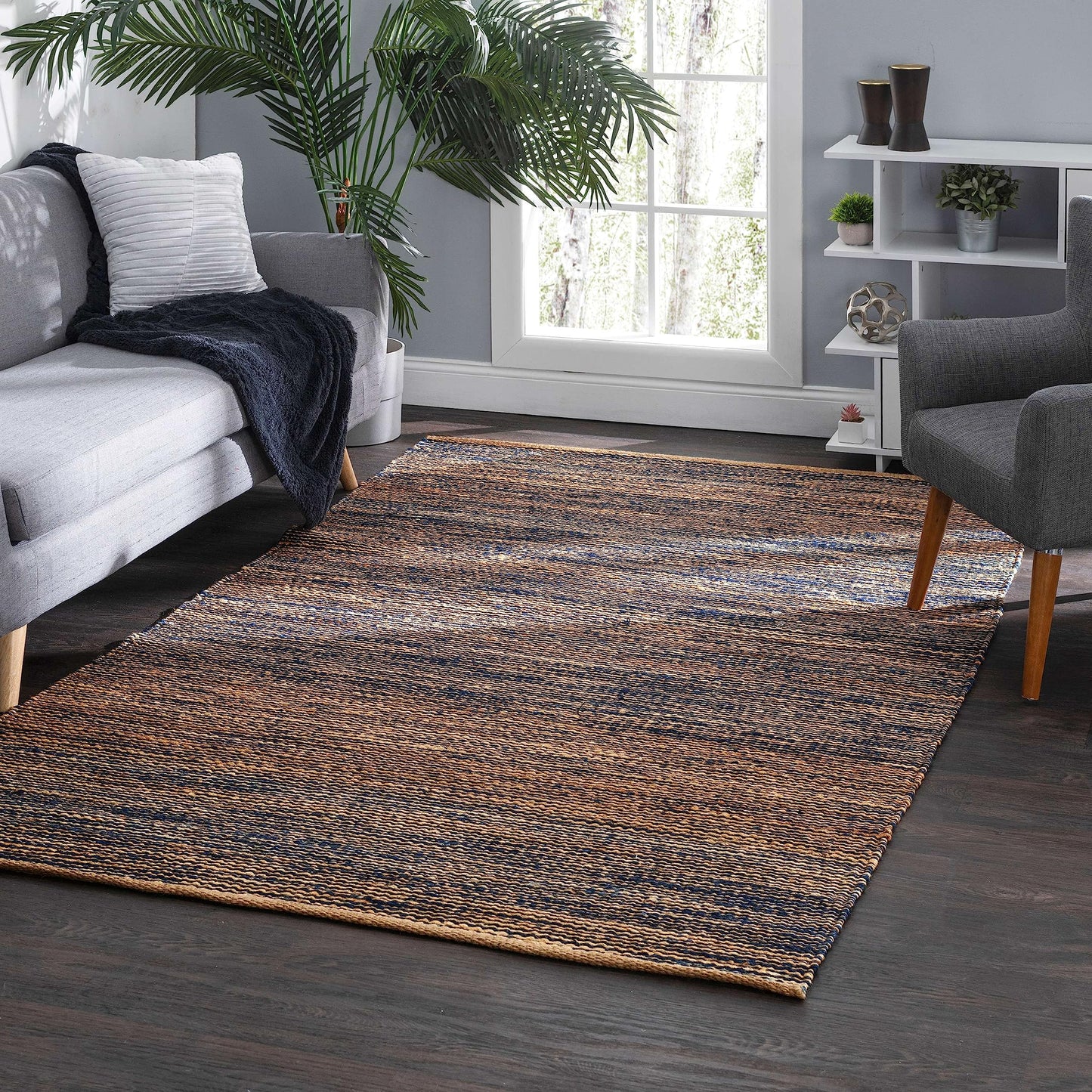 Home Conservatory Striped Handwoven Jute Rug, 5 X 8 Feet, Blue/Neutral Stripe Pattern