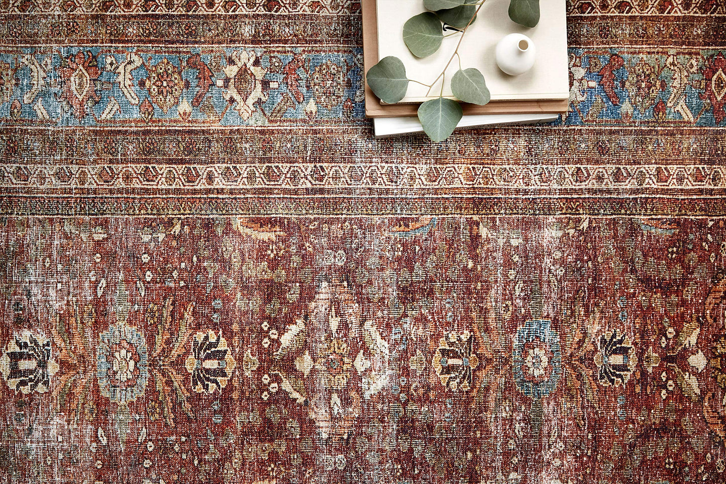Loloi Layla Collection LAY-01 Brick/Blue 7'-6" x 9'-6" .13" Thick Area Rug, Soft, Durable, Vintage Inspired, Distressed, Low Pile, Non-Shedding, Easy Clean, Printed, Living Room Rug