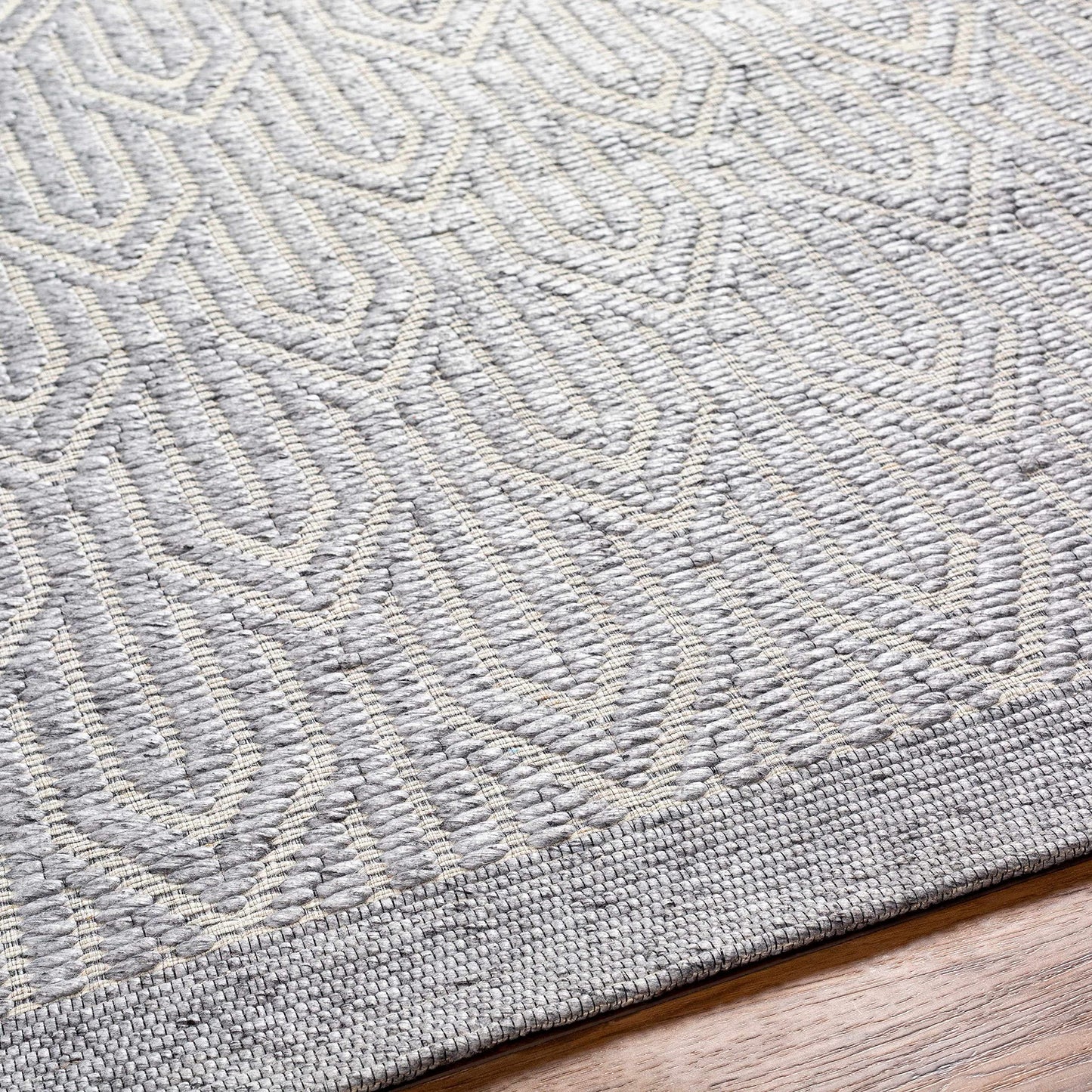 Hauteloom Peri Recycled Material Area Rug - Geometric Abstract Border Scalloped Diamond - Contemporary Modern Minimalist Transitional Scandinavian - Gray, Cream, Black, Beige, Charcoal - 2' x 3'