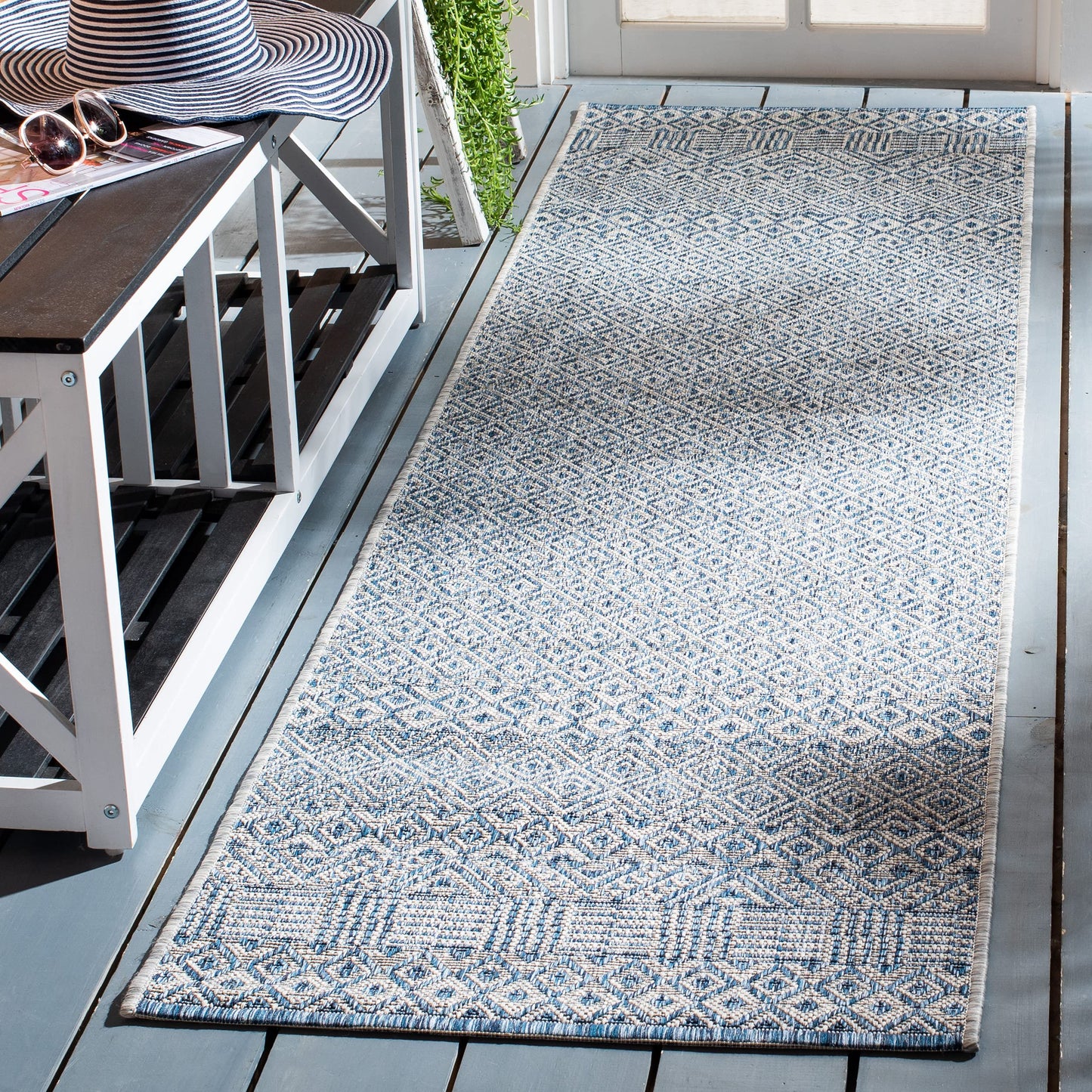SAFAVIEH Courtyard Collection 2'3" x 14' Grey/Blue CY8235 Indoor/ Outside Waterproof Easy cleansingPatio Backyard Mudroom Runner Mat