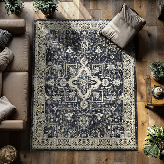 Y-Best 9x12 Living Room Area Rug: Vintage Washable Large Rugs for Dining Room Stain Resistant Soft Bedroom Carpet Distressed Print Pattern Low Pile Farmhouse Floor Mat For Home Office (9x12 Deep Blue)