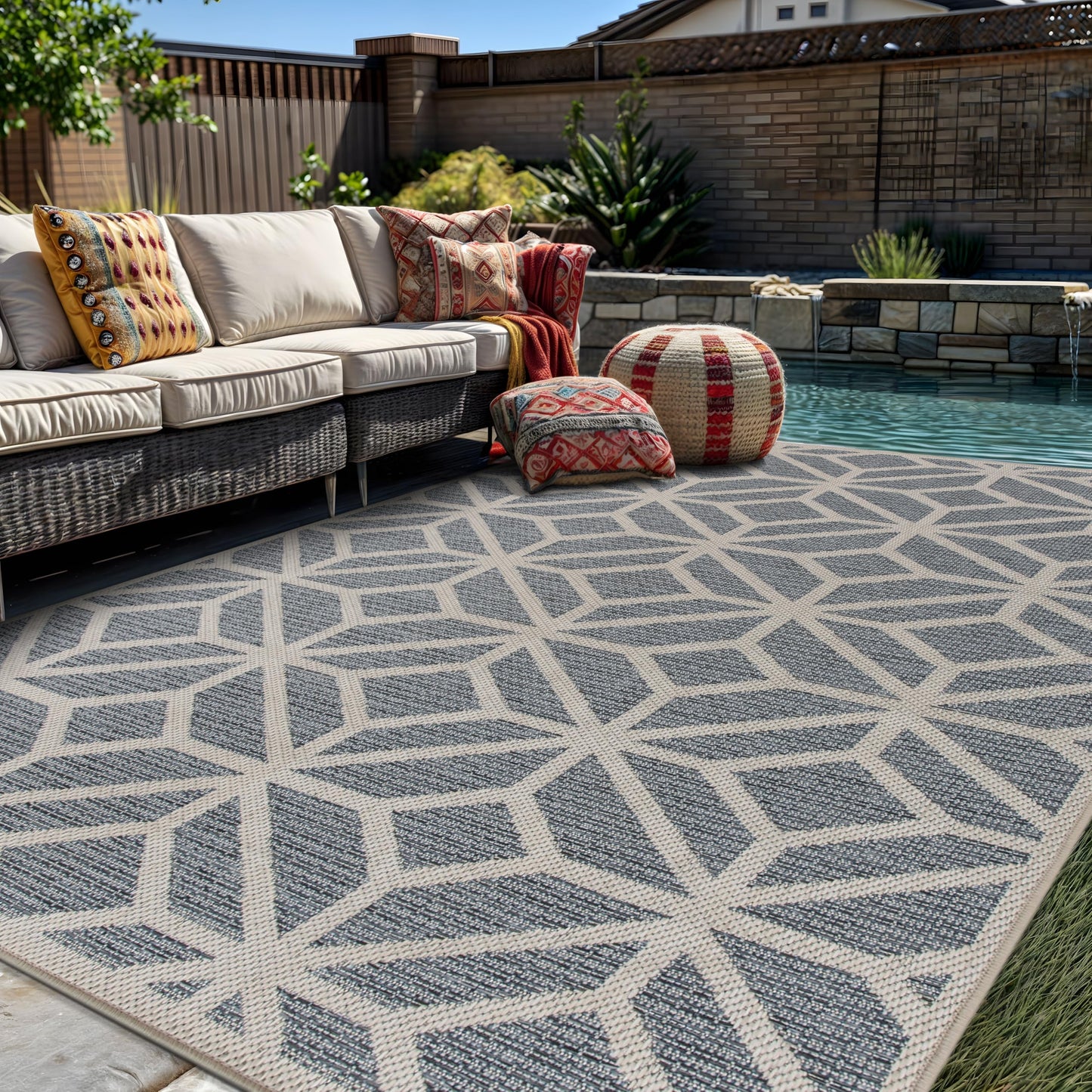 Rugshop Blue Contemporary Geometric Indoor/Outdoor Area Rug — Hose Washable for Living Room, Dining Room and Office, 6'6" x 9'