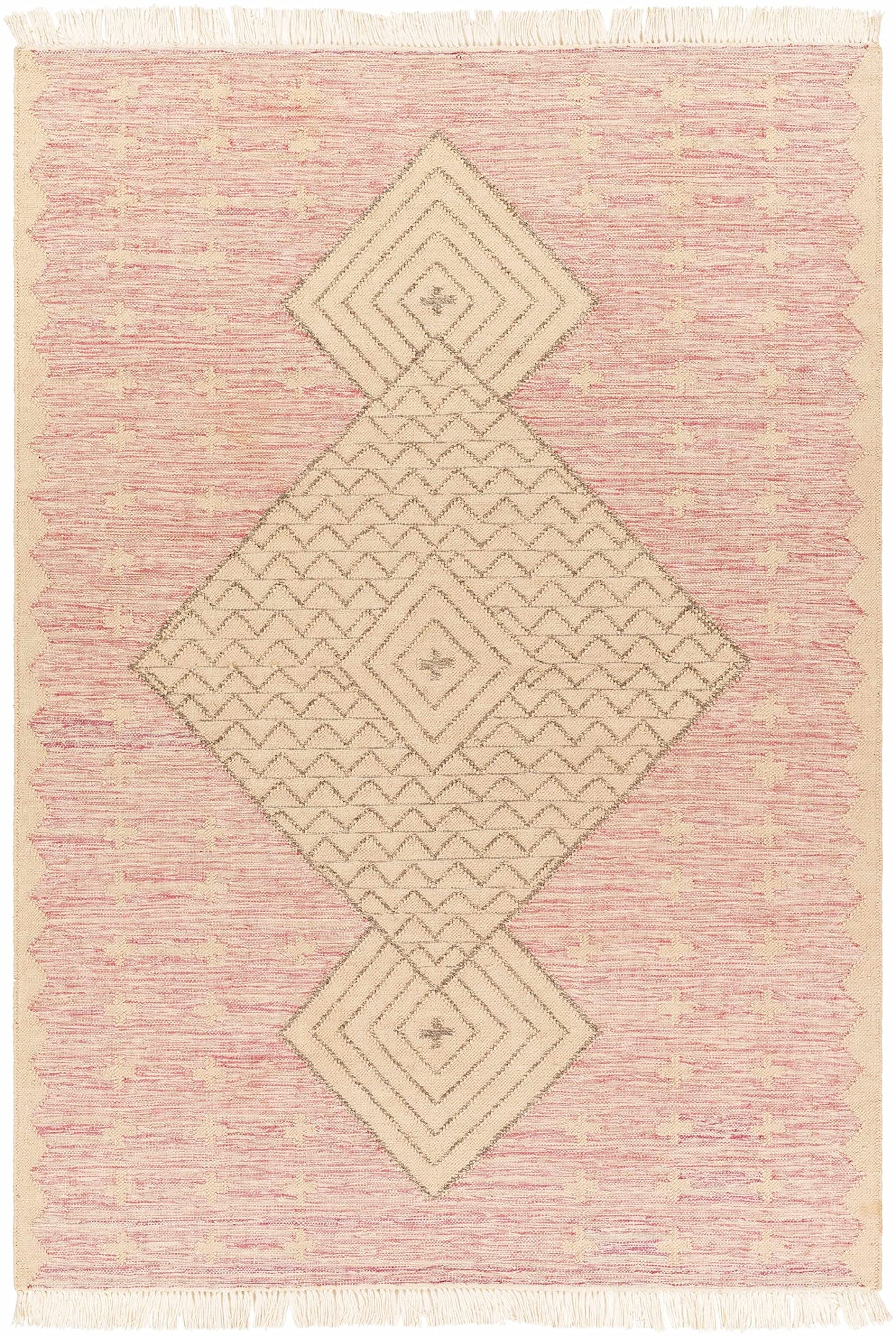 Hauteloom Sang Recycled Material Area Rug - Geometric Diamond Chevron Medallion Border - Bohemian Transitional Boho Tribal Moroccan - Dusty Pink, Dark Pink, Tan, Pink, Cream - 2' x 3'