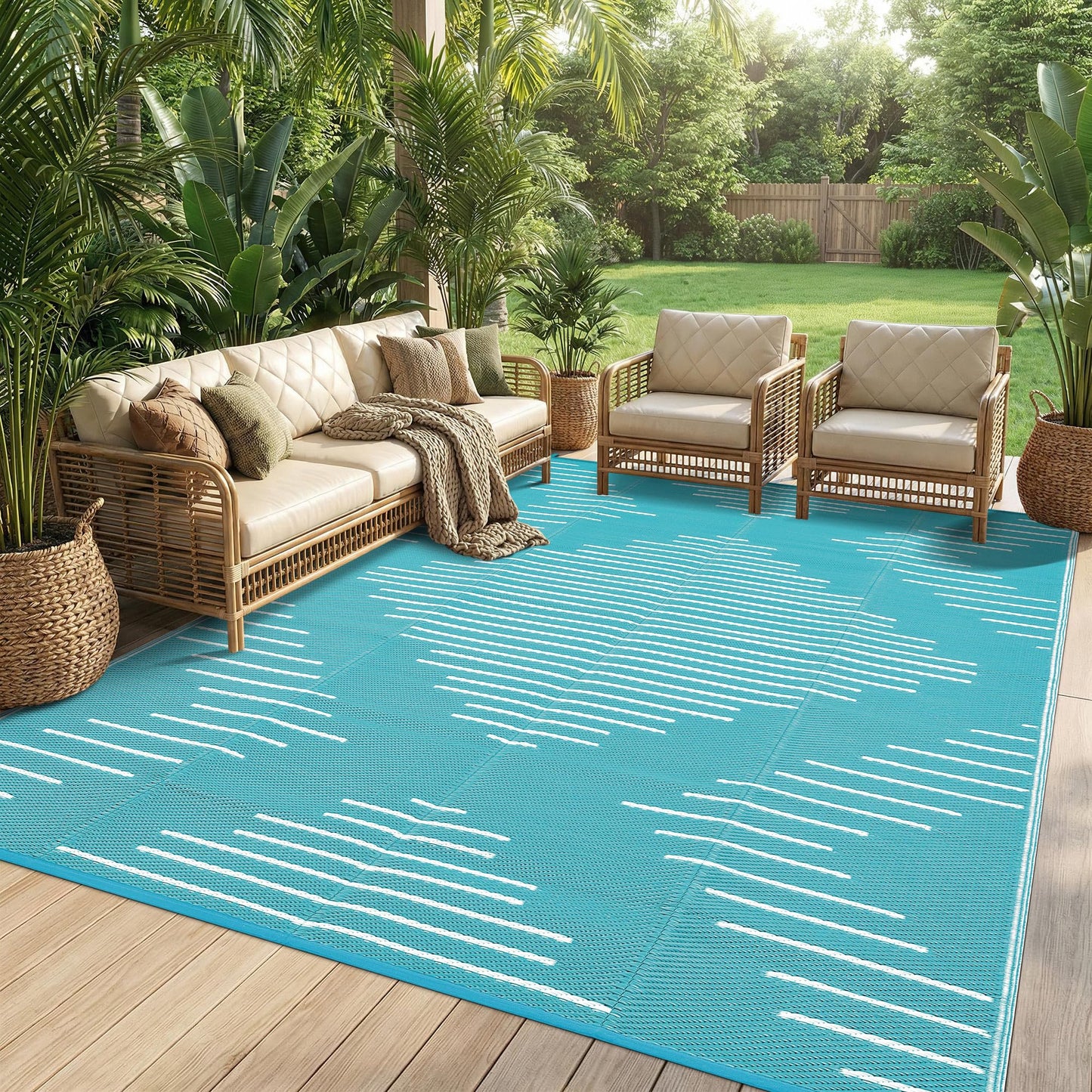 Garvee Waterproof Outdoor Rug 5x8 Rug Plastic Reversible Area Rugs Indoor Outdoor Carpet for Patio RV Porch Balcony Backyard Picnic Light Blue White