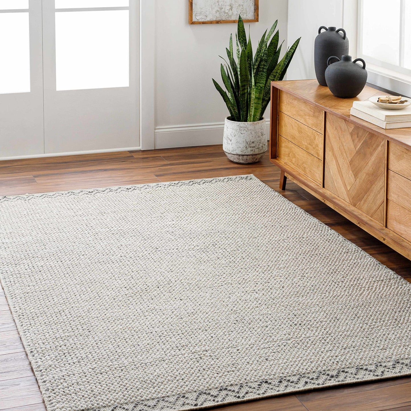 Hauteloom Fadia Recycled Material Area Rug - Border Chevron Zig Zag Plain - Contemporary Modern Minimalist Farmhouse Scandinavian - Light Gray, Cloud Gray, Eggplant, Cream, Beige - 2' x 3'