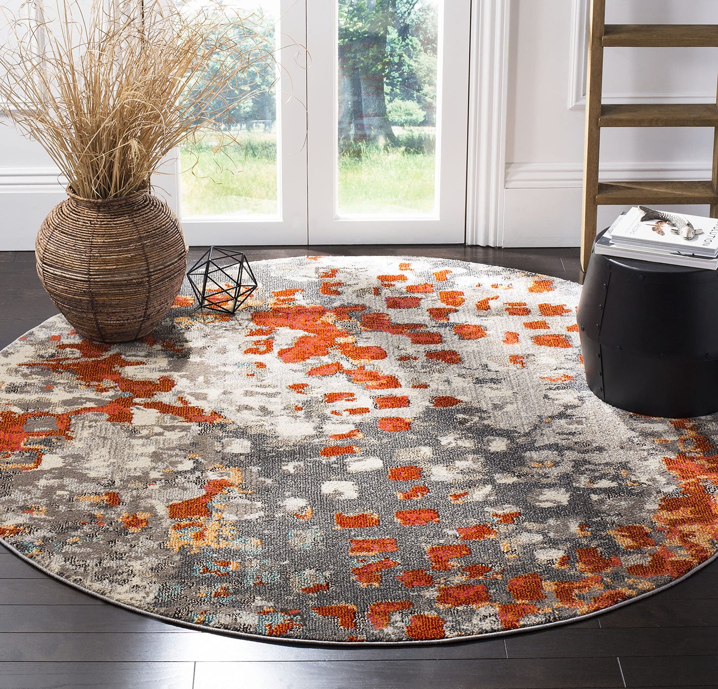 SAFAVIEH Monaco Collection Area Rug - 6'7" Round, Grey & Orange, Boho Chic Abstract Watercolor Design, Non-Shedding & Easy Care, Ideal for High Traffic Areas in Living Room, Bedroom (MNC225H)