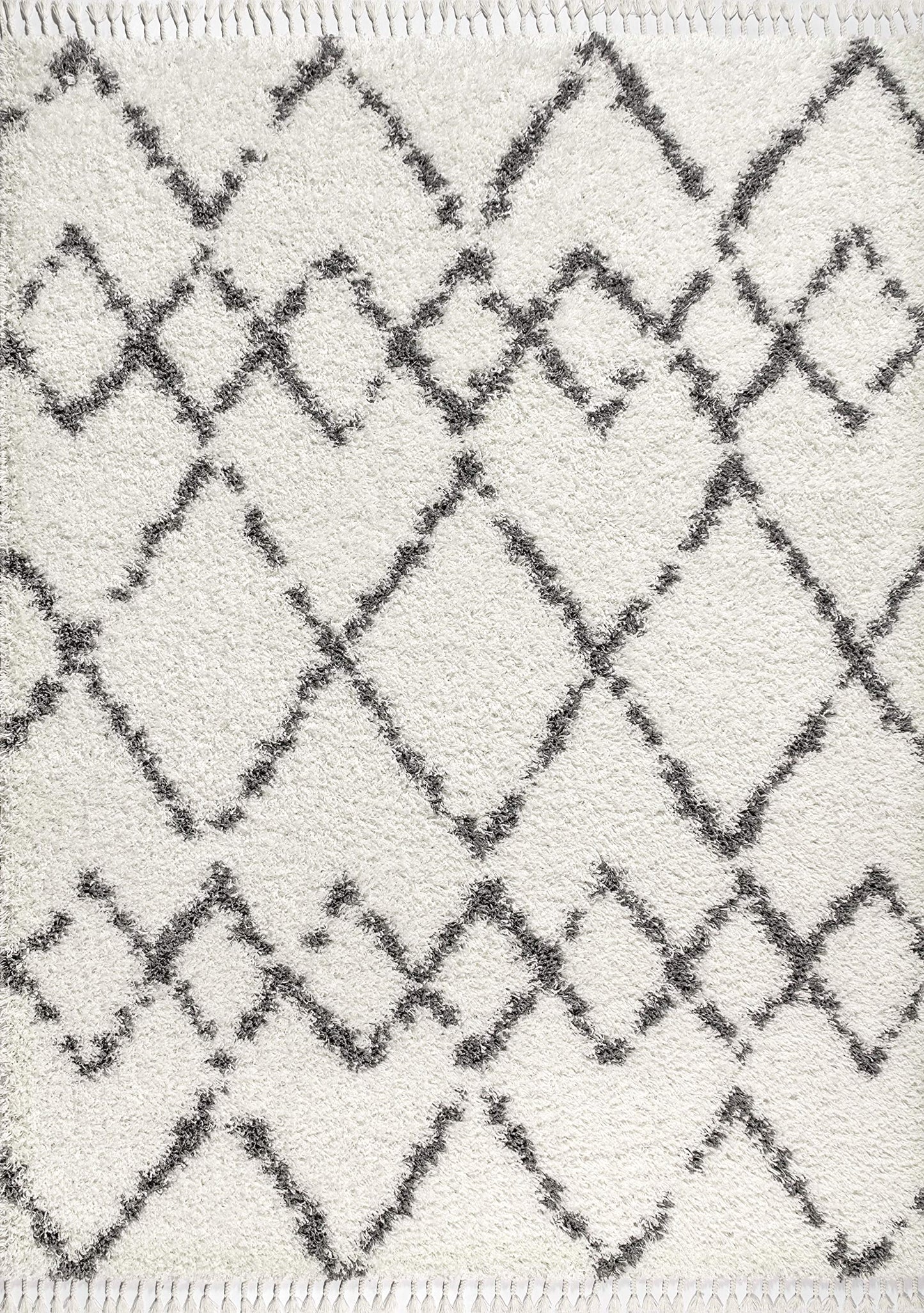 JONATHAN Y Mercer Shag Plush Tassel Ivory/Gray Indoor Area Rug, 8x10, Moroccan Geometric Trellis, Contemporary, Easy-Cleaning for Living Room, Bedroom, Kitchen, Pet Friendly, Non-Shedding (MCR102B-8)