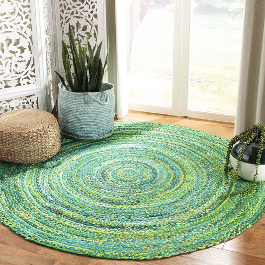 SAFAVIEH Braided Collection Area Rug - 6' Round, Green, Handmade Country Cottage Reversible Cotton, Ideal for High Traffic Areas in Living Room, Bedroom (BRD452Y)