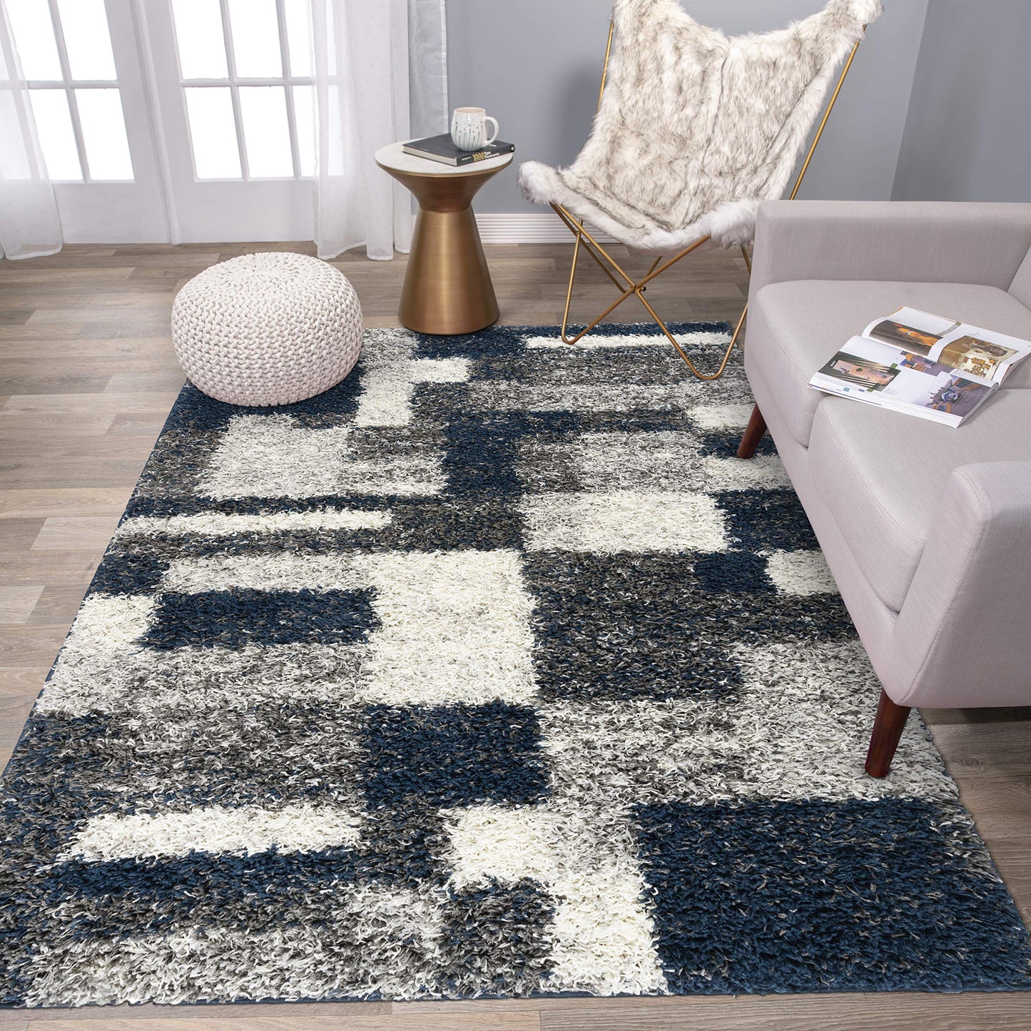 Rugshop Navy Distressed Modern Boxes Plush Shag Area Rug — Non-Shedding Soft for Living Room, Dining Room and Bedroom, 5' x 7'