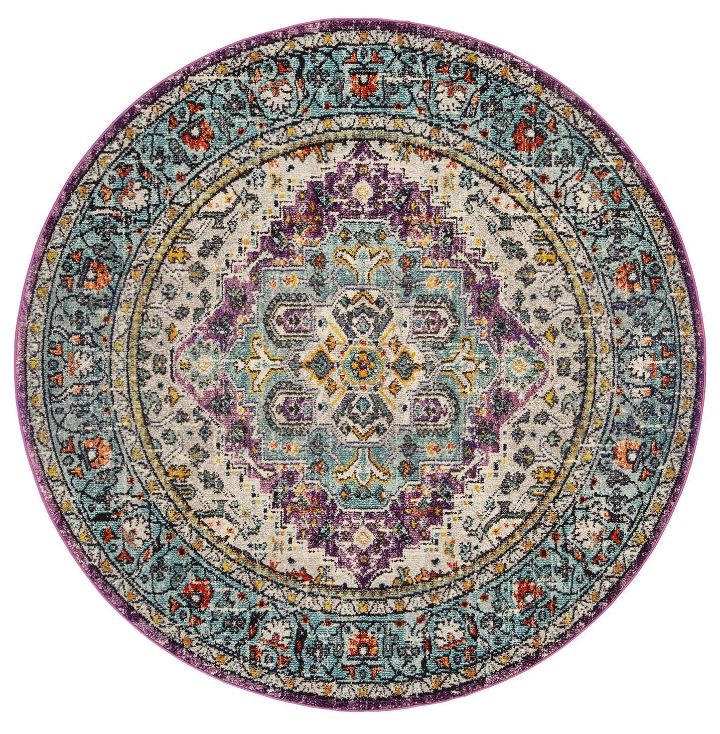 SAFAVIEH Monaco Collection 6'7" Round Violet/Light Blue MNC251L Boho Chic Medallion Distressed Non-Shedding Dining Room Entryway Foyer Living Room Bedroom Area Rug