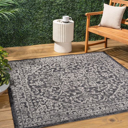 JONATHAN Y Boho Medallion Indoor Outdoor Square Area Rug 3X3 Black/Gray, Malta Textured Weave for Backyard, Patio, Porch, Easy-Cleaning, High Traffic, Pet-Friendly, Non-Shedding (SMB104C-3SQ)