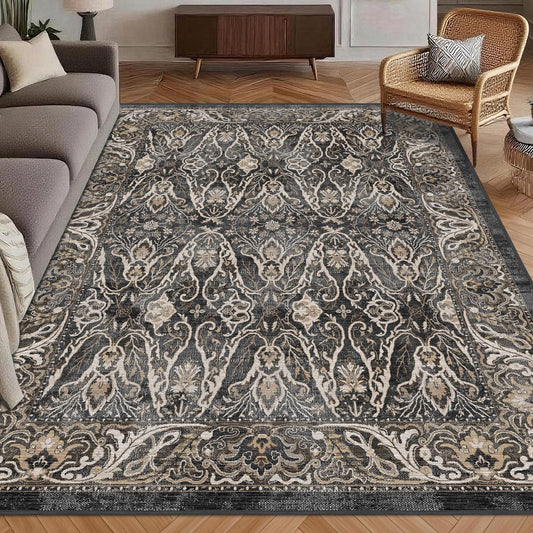 Washable Area Rug 5' x 7' Vintage Traditional Persian Mat - Foldable Distressed Non-Slip Machine Washable Carpet for Living Room Bedroom Kitchen Home Decor - Ebony and Taupe