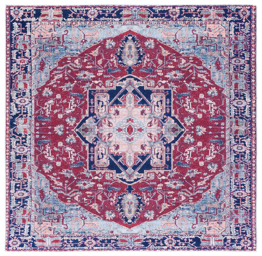 SAFAVIEH Washable Rug Tucson Collection - 4' Square, Red & Navy, Slip Resistant & Easy to Clean, Ideal for Foyer, Kitchen, Nursery, Office, Bedroom (TSN108Q)