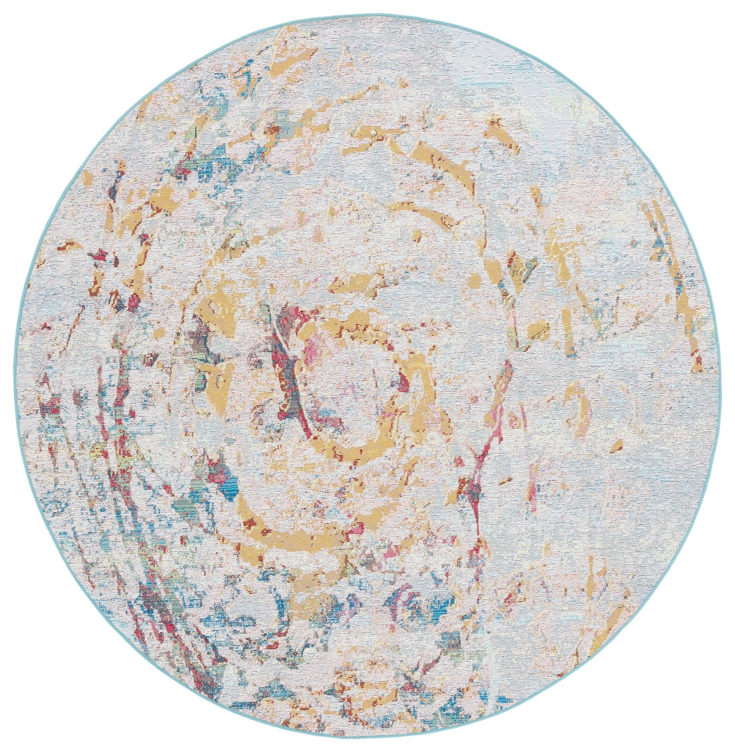 SAFAVIEH Washable Rug Outdoor Barbados Collection - 6'6" Round, Light Blue & Yellow Rust, Non-Shedding & Easy to Clean, Ideal for Patio, Backyard, Mudroom (BAR538J)