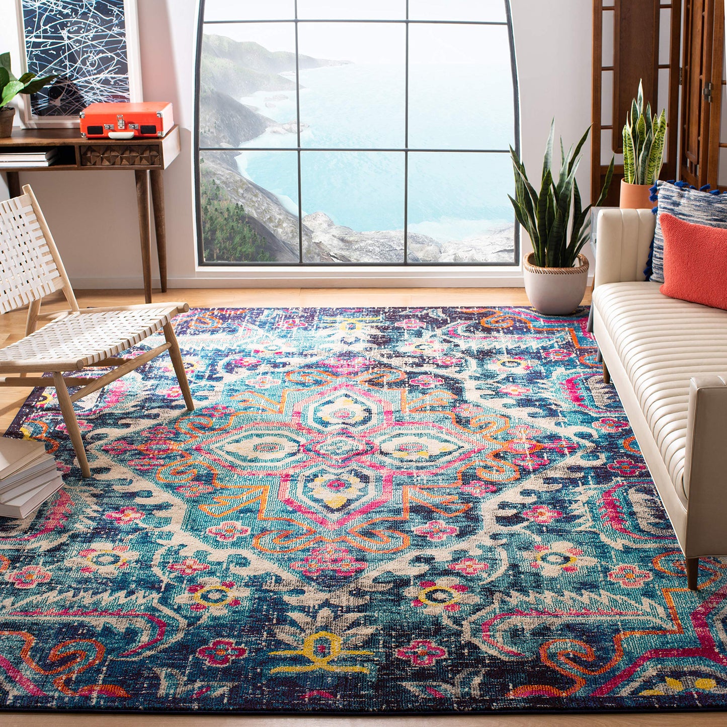 SAFAVIEH Monaco Collection Area Rug - 9' x 12', Blue & Fuchsia, Transitional Design, Slip Resistant & Stain Resistant, Ideal for High Traffic Areas in Living Room, Bedroom & Dining Room (MNC252J-9)