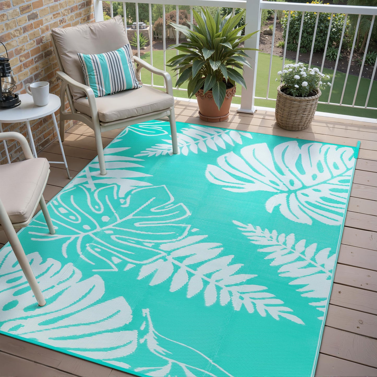 PureCozy Outdoor Plastic Straw Rug Leaf Waterproof Teal Blue Outside Patio 6x9 Carpet Tropical Reversible Mat Washable Large for Camping RV Porch Deck Balcony Beach