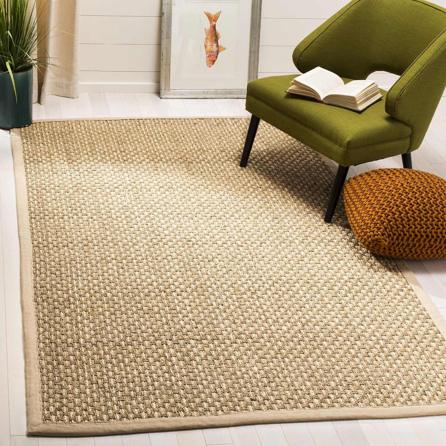 SAFAVIEH Area Rug 4x6 - Natural Fiber Collection - Natural & Beige, Seagrass, Basketweave Pattern with Border, Ideal for Living Room, Bedroom, Dining Space (NF118A)