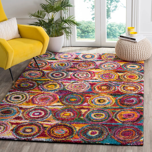 SAFAVIEH Fiesta Shag Collection Accent Rug - 3' x 5', Multi, Circles Abstract Design, Non-Shedding & Easy Care, 0.5-inch Thick Ideal for High Traffic Areas in Foyer, Living Room, Bedroom (FSG359M)