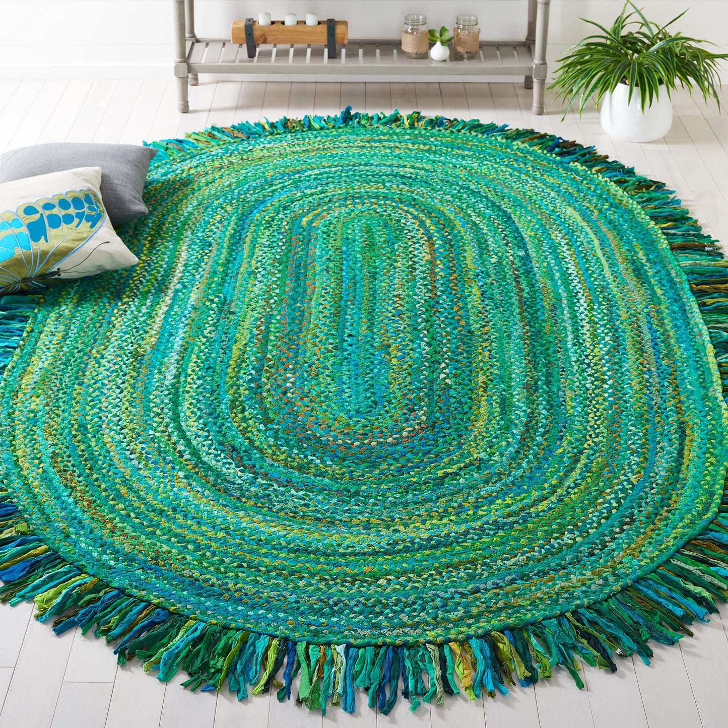 SAFAVIEH Braided Collection Area Rug - 3' x 5' Oval, Green, Handmade Boho Fringe Reversible Cotton, Ideal for High Traffic Areas in Living Room, Bedroom (BRD451Y)