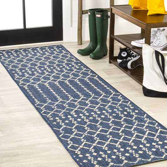 JONATHAN Y Moroccan Geometric Indoor Outdoor Runner Rug 2X8 Navy/Beige, Ourika Textured Weave for Backyard, Patio, Porch, Easy-Cleaning, High Traffic, Pet-Friendly, Non-Shedding (SMB108K-28)