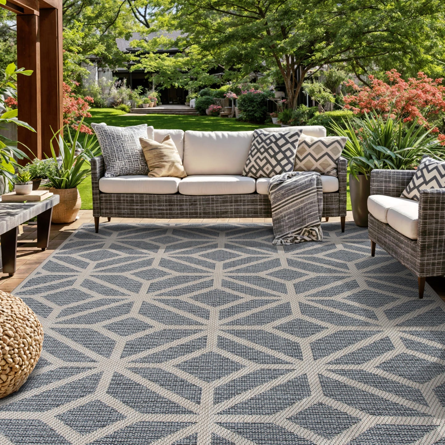 Rugshop Blue Contemporary Geometric Indoor/Outdoor Area Rug — Hose Washable for Living Room, Dining Room and Office, 9' x 12'