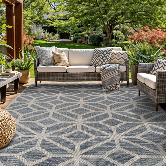 Rugshop Blue Contemporary Geometric Indoor/Outdoor Area Rug — Hose Washable for Living Room, Dining Room and Office, 9' x 12'