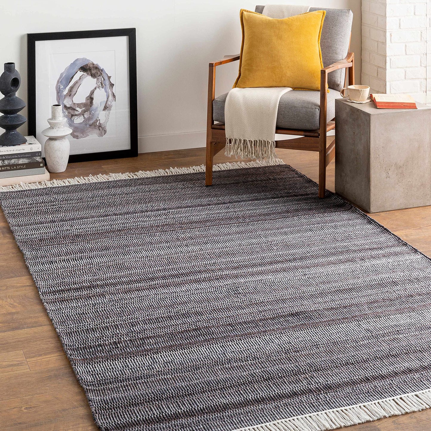 Hauteloom Samos Recycled Material Living Room, Bedroom Area Rug - Striped Plain - Contemporary Modern Minimalist Transitional - Charcoal, Off - White, Light Gray, Gray, Dark - 2' x 3'