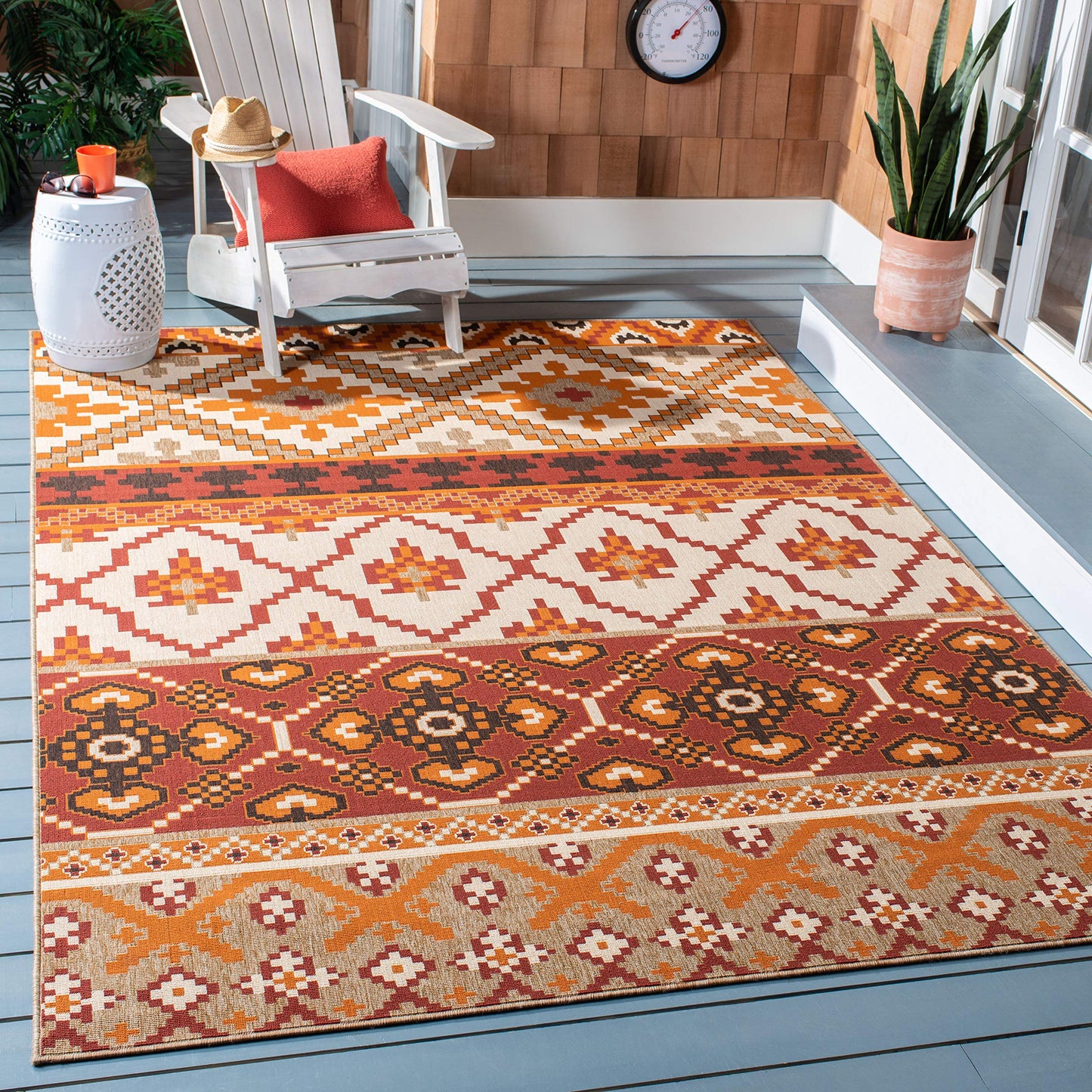 SAFAVIEH Washable Rug Outdoor Veranda Collection - 4' x 5'7", Red & Beige, Non-Shedding & Easy to Clean, Ideal for Patio, Backyard, Mudroom (VER097-0334)