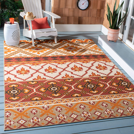 SAFAVIEH Washable Rug Outdoor Veranda Collection - 4' x 5'7", Red & Beige, Non-Shedding & Easy to Clean, Ideal for Patio, Backyard, Mudroom (VER097-0334)
