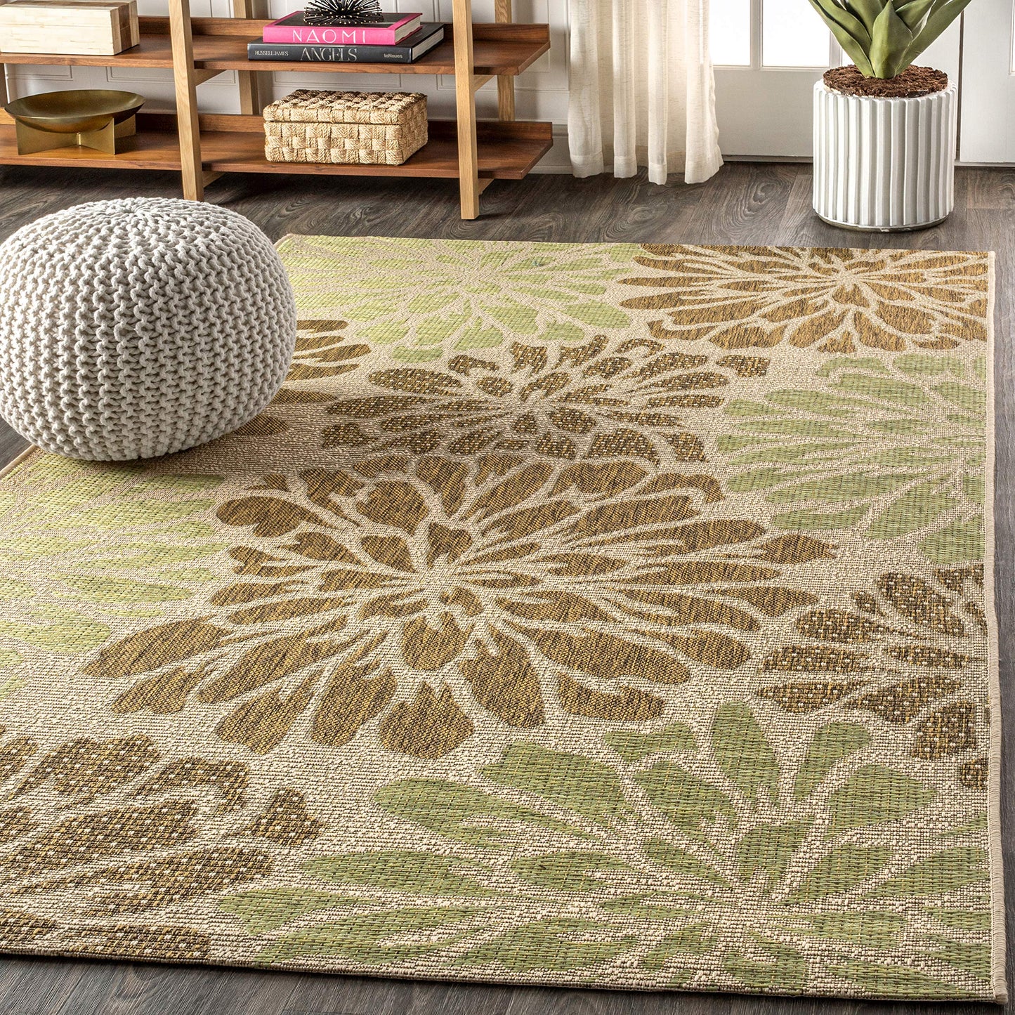 JONATHAN Y Floral Textured Weave Indoor Outdoor Area Rug 4X6 Sage/Brown, Zinnia Modern for Backyard, Patio, Porch, Easy-Cleaning, High Traffic, Pet-Friendly, Non-Shedding (SMB110A-4)