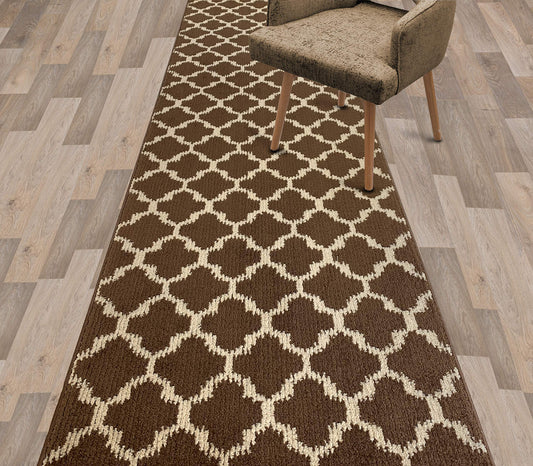 Custom Size Cut to Length Moroccan Trellis Design Runner Rug Mat For Wide Long Hallways with Non-Slip Rubber Backing, Better Traction for Pets, Prevent Slippage, Trellis Brown, 31 inch X 7 feet