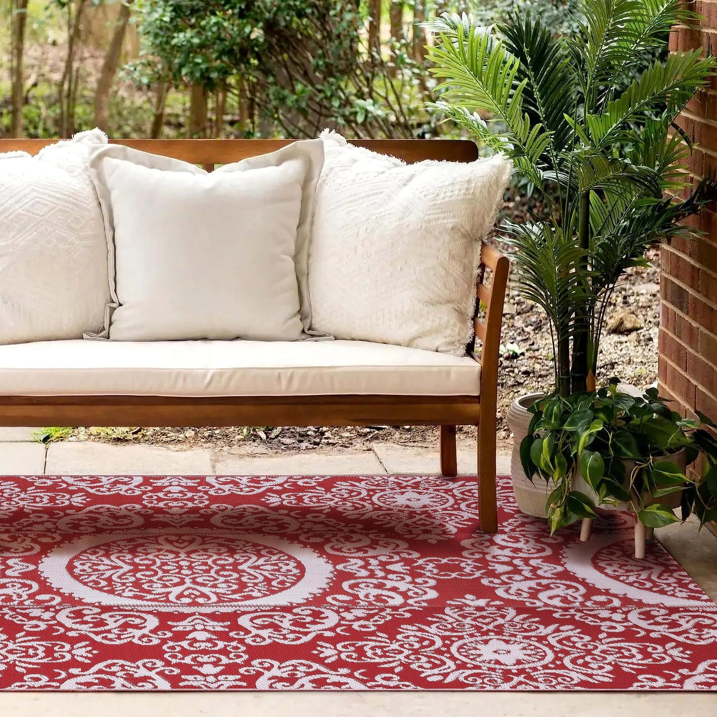 NUU GARDEN Outdoor Rug, Plastic Straw Foldable Area Rug Indoor Outdoor Carpet for Patio Decor Balcony Camping Picnic RV, 6 ft x 9 ft, Red and White