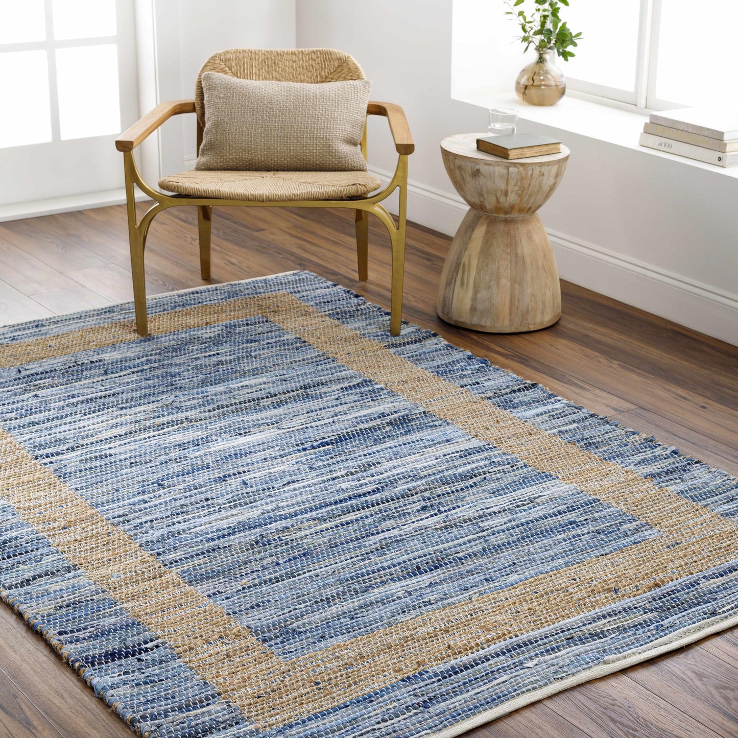 Hauteloom Nobel Recycled Material Living Room, Bedroom Area Rug - Border Striped Abstract - Contemporary Modern Coastal Boho Farmhouse - Mocha, Charcoal, Rose Cream, Blue, Tan - 27" x 45"