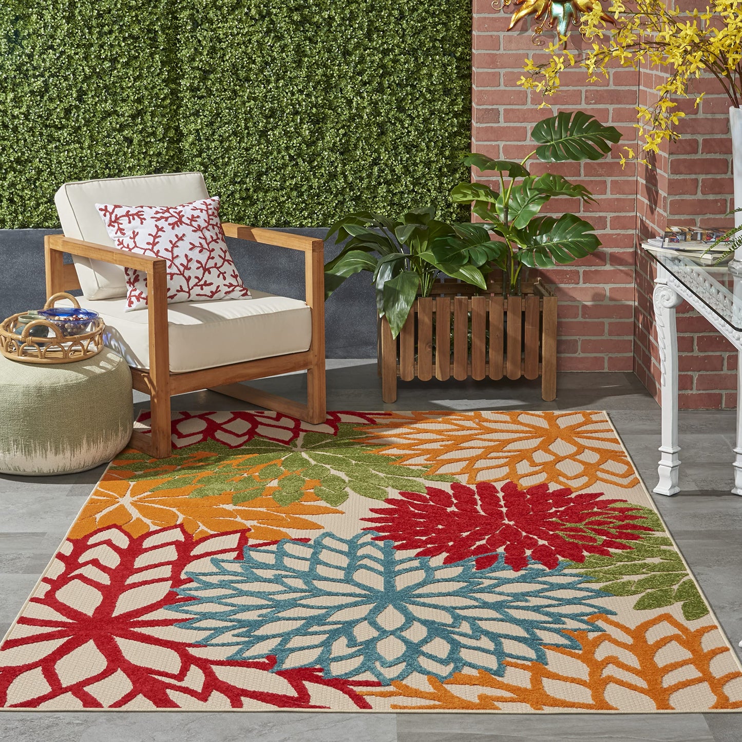 Nourison Home Aloha Indoor/Outdoor Green 5'3" x 7'5" Area Rug, Tropical, Botanical, Easy Clean, Non Shedding, Bed Room, Living Room, Dining Room, Deck, Backyard, Patio (5x7)
