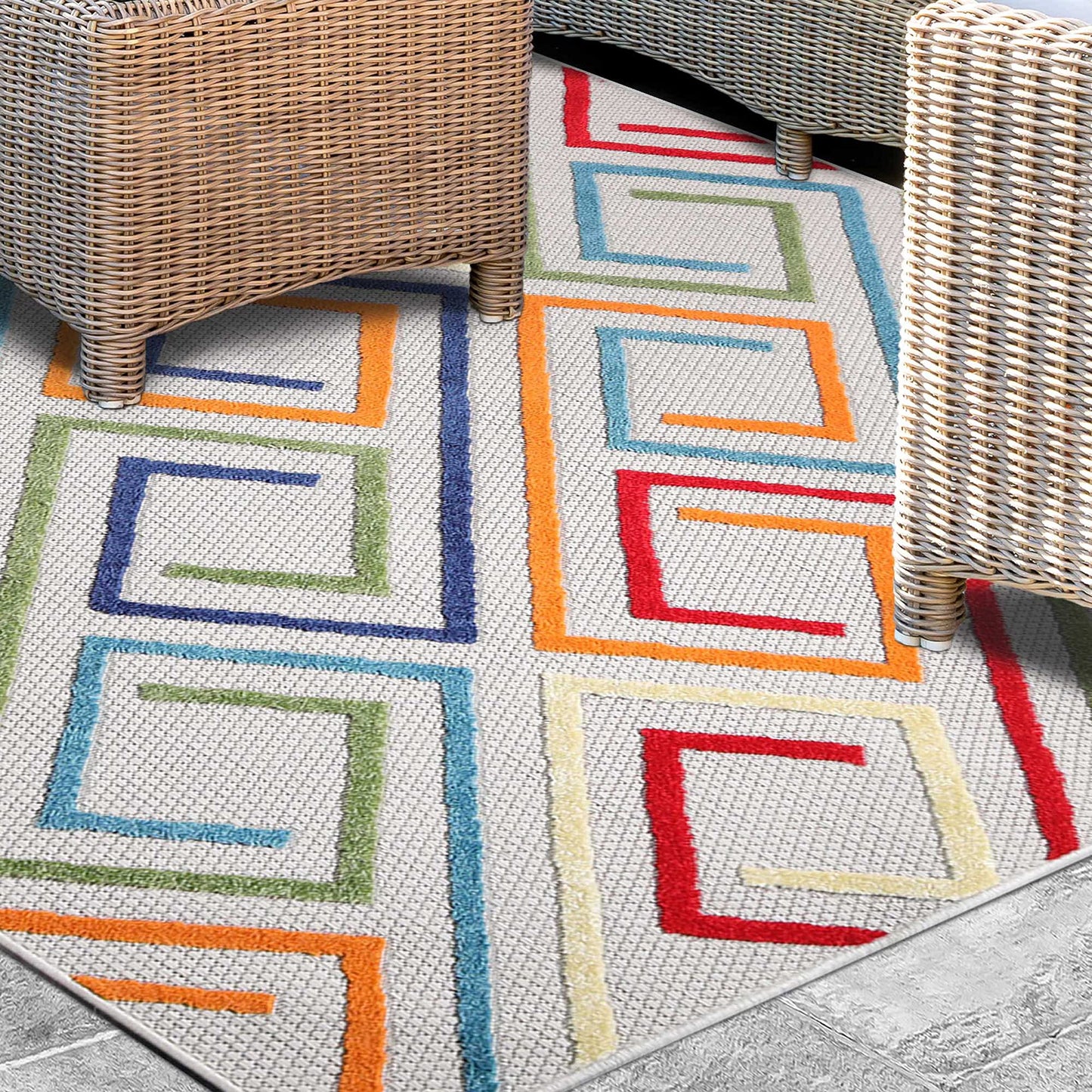 Superior Indoor Outdoor Area Rug, Perfect for Patio, Bedroom, Kitchen, Laundry Room, Entryway, Office, Playroom, Carpet Cover, Modern Geometric Farmhouse, Ares Collection, 5' 2" x 7' 2", Cream