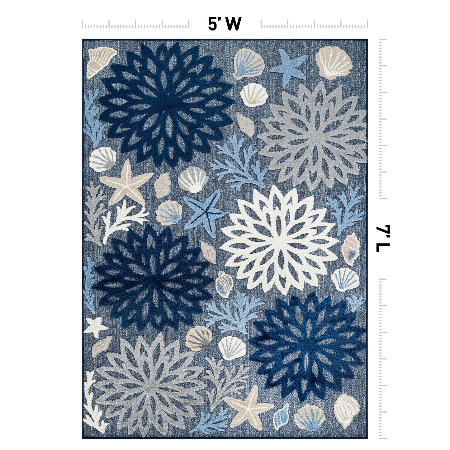Rugshop Indoor/Outdoor High-Low Textured Area Rug, Coastal Floral, Easy-Clean Patio Rug for Porch Deck Balcony 5' x 7' Navy