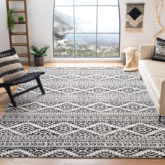 SAFAVIEH Tulum Collection Area Rug - 6'7" Square, Ivory & Black, Moroccan Boho Tribal Design, Non-Shedding & Easy to Clean, Ideal for Living Room, Bedroom, Dining Space (TUL272B)
