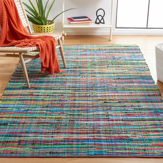 SAFAVIEH Rag Rug Collection Accent Rug - 4' x 6', Green & Multi, Handmade Boho Stripe Cotton, Ideal for High Traffic Areas in Entryway, Living Room, Bedroom (RAR240E)
